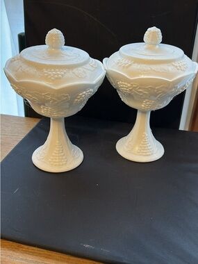 Pair of White Embossed Milk Glass Compotes with Lids